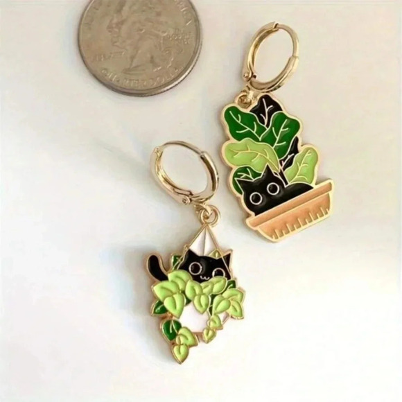 Cute black kitties hiding in green plant dangle drop earrings fun for cat lovers - Picture 3 of 5